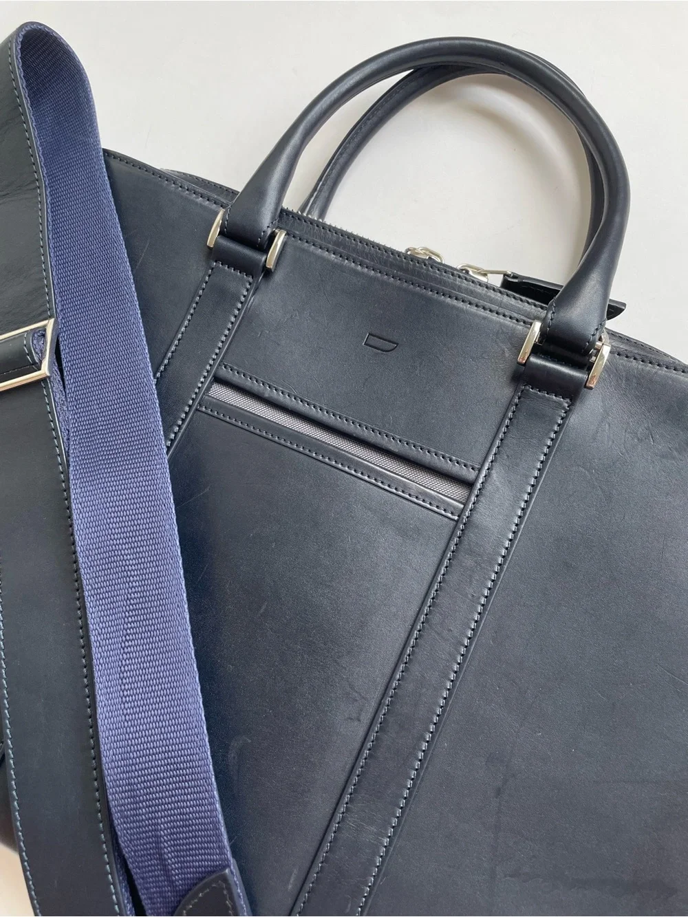 Carl Friedrik Palissy Briefcase, Navy Italian Vachetta Leather 15” Laptop Bag